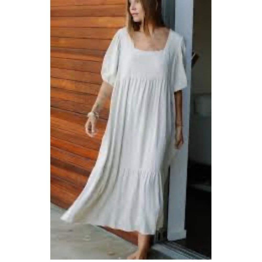 Rachel Pally Linen Midi Dress Beige Square Neck Puff Sleeve Tiered Smock Sz L